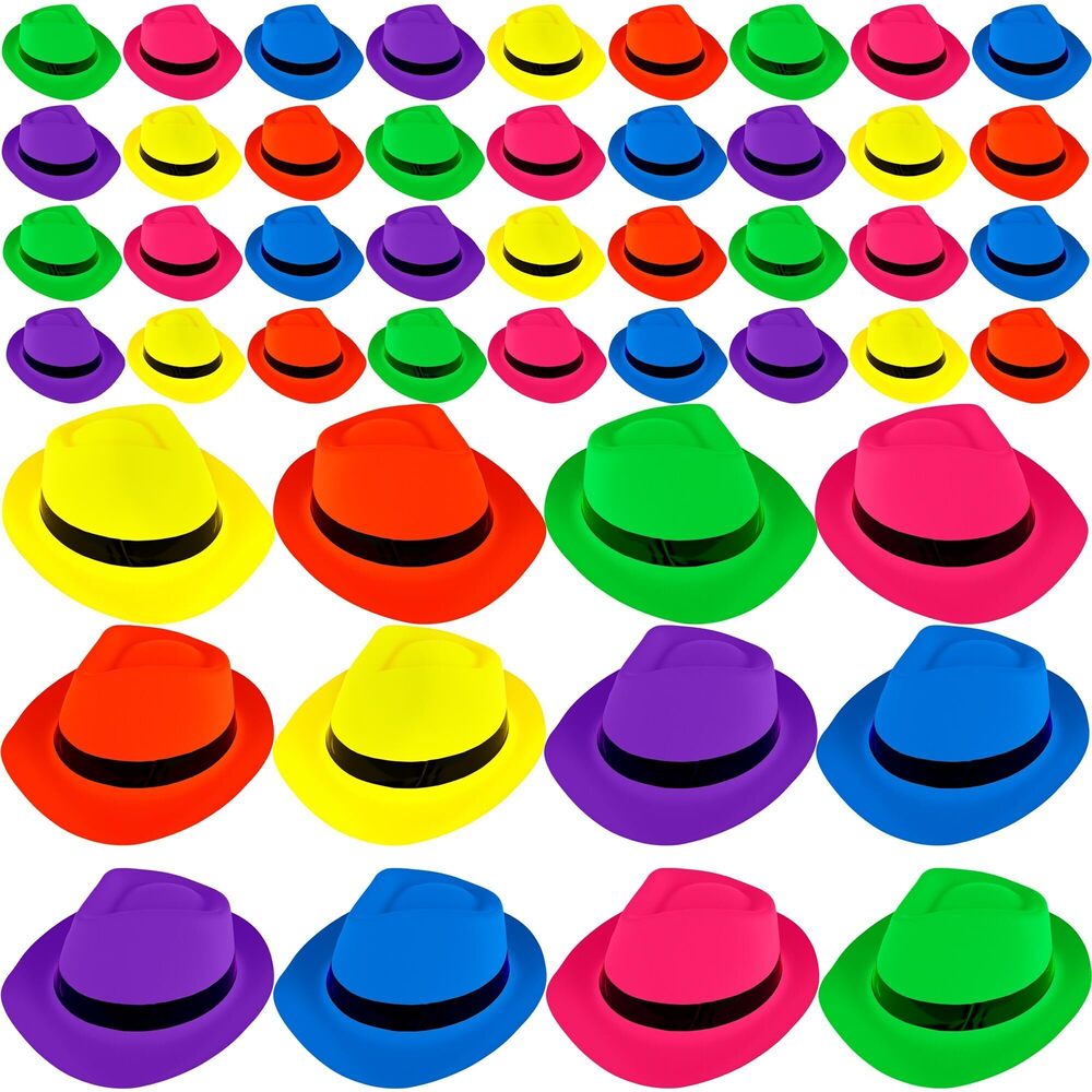 8377 48 Pack Plastic Party Hats Bulk Neon Fedora Party Hat Colorful